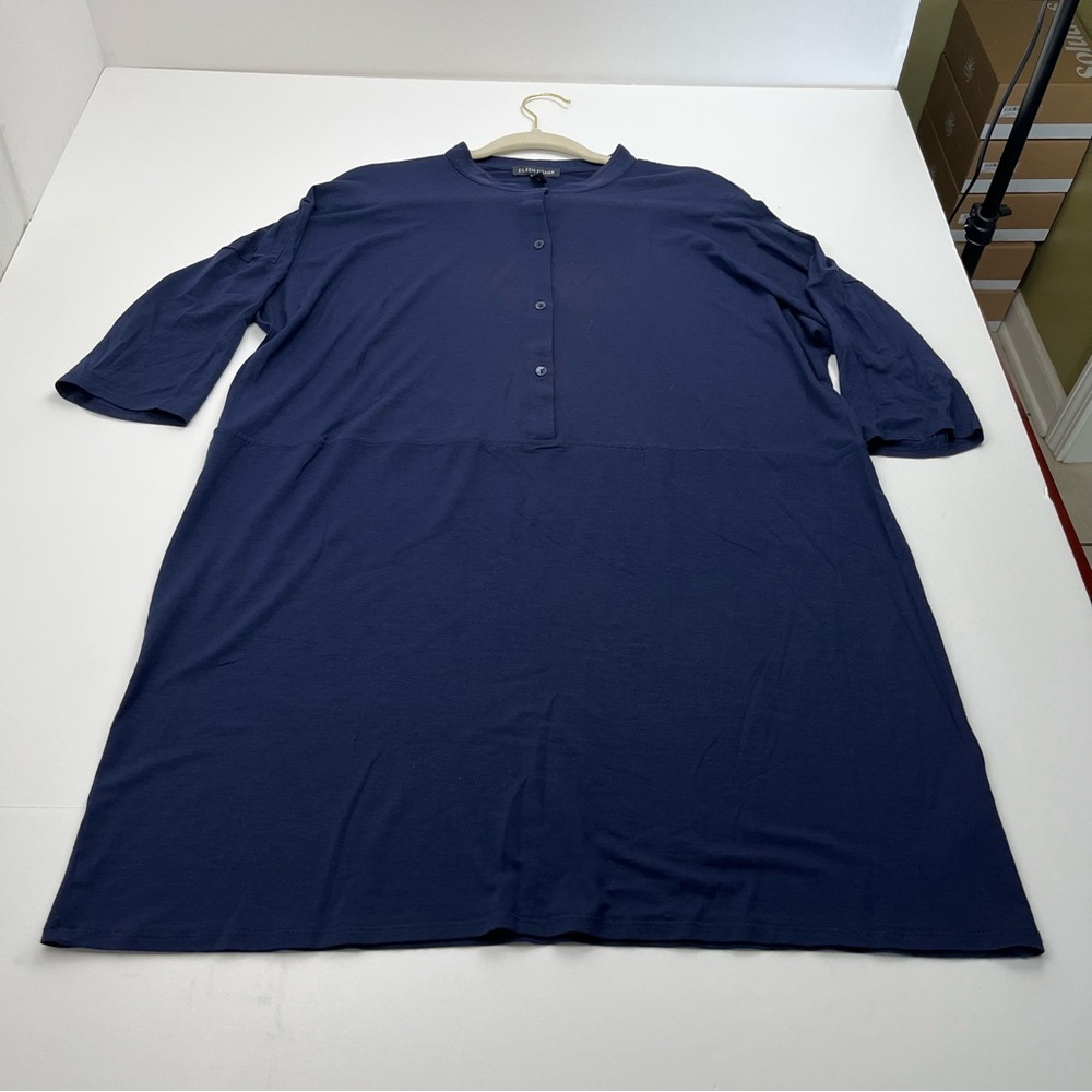 Eileen Fisher Womens Size Medium Navy Blue Midi Dress Viscose Buttons *FLAWED